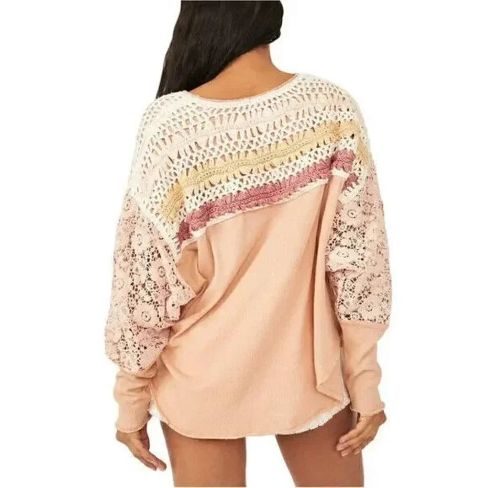 FREE PEOPLE High Hopes Cotton Crocheted-Yoke Lace-Sleeve Top Brown Sugar Combo